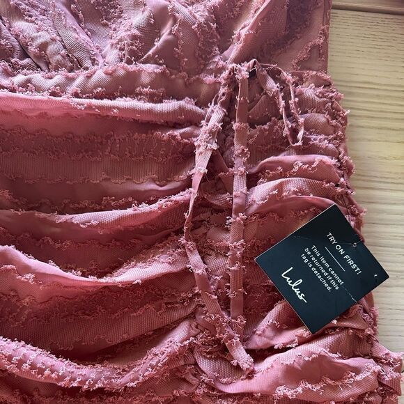 Lulu’s Cherish This Moment Rusty Rose Ruched Asymmetrical Mini Dress XS NWT - Picture 8 of 10